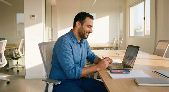 Man working on his laptop at table.